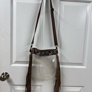 Clear and Brown Fringe Crossbody Bag